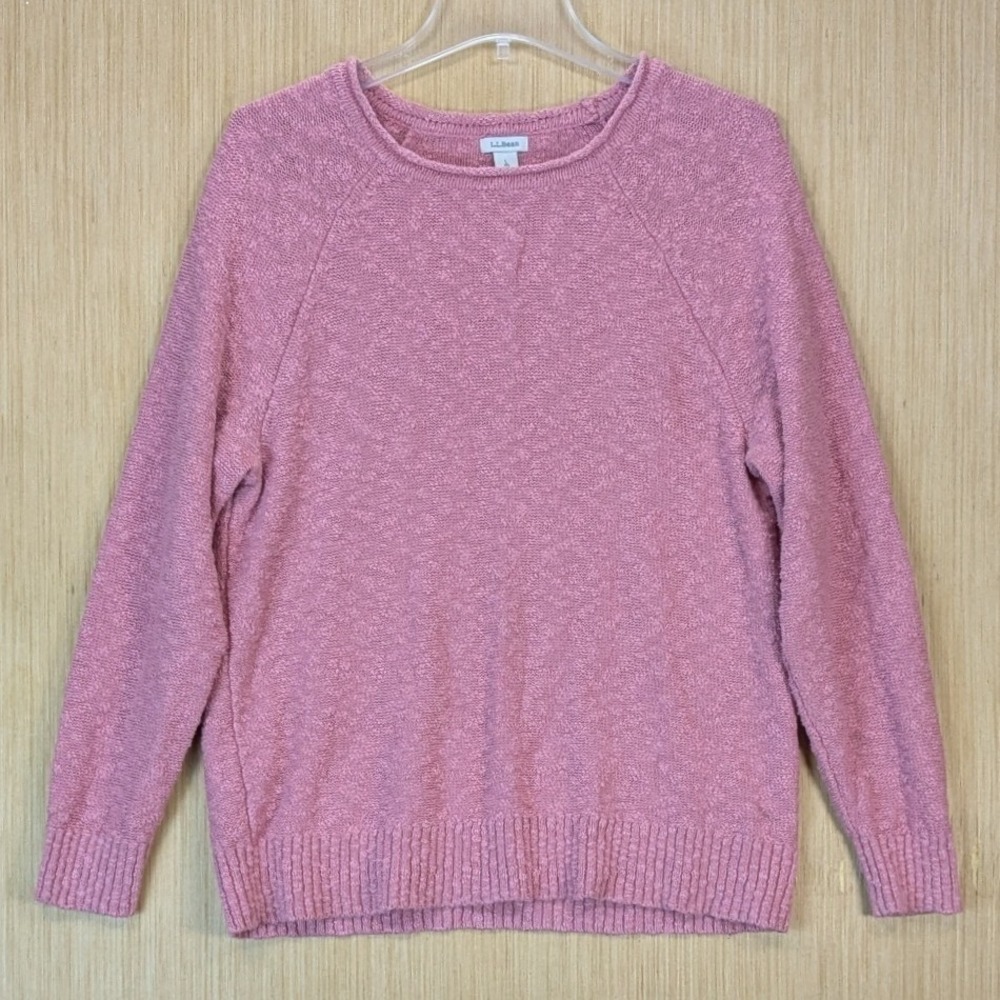 L.L.Bean Women Coastal Fisherman Pink Cotton Boucle Knit Roll Neck Sweater Large